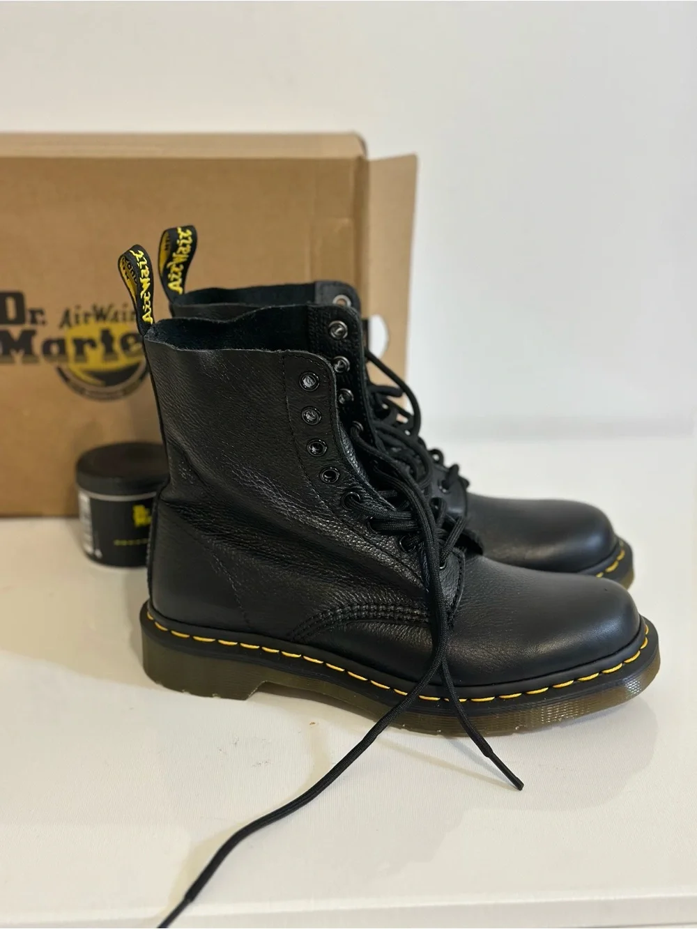Dr. Martens Black Leather 8-Eye Boots with Yellow Stitching